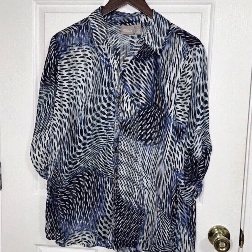 Chico's Navy Blue Abstract Print Sheer Roll Tab Sleeve Button Down Blouse Size M
